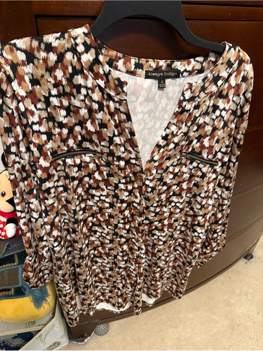 Women's Brown Multi-Print Button Front Blouse